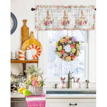 Imagem de Chucoco Saia de coelho de Páscoa para janelas de cozinha, sanefas curtas com bolso de vara de fazenda, flores em aquarela, folha de búfalo, xadrez para quarto, banheiro, 1 painel 137 x 45 cm