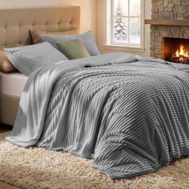 Imagem de Quataly Conjunto de edredom casal fofo com 3 peças – edredom de pele sintética cinza macio e felpudo, tamanho casal, para inverno, 1 edredom alternativo de luxo com 2 fronhas