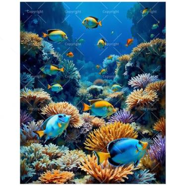 Imagem de TAOPAOLAB Kit de pintura de vida marinha por números para adultos – Pintura de cena subaquática de peixes tropicais e recifes de corais em tela, 40 x 50 cm, conjunto de tinta acrílica emoldurada para