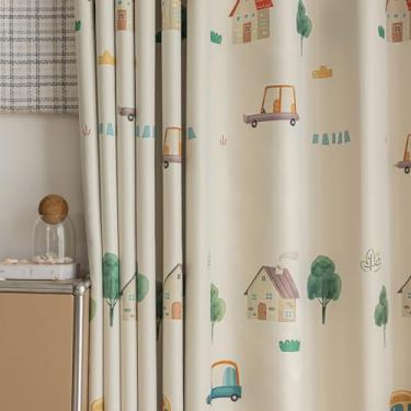 Imagem de AiFMQQ 1 painel de desenho animado de carros crianças cortinas blackout para quarto de meninos meninas sala de estar com ilhós, cortina escurecedora para quarto de bebê (W99 C 84 polegadas, bege)