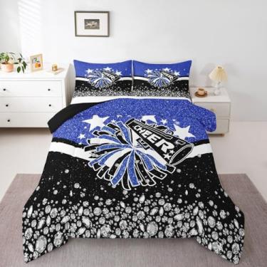Imagem de Erosebridal Conjunto de cama para meninas, presente de líder de torcida, conjunto de edredom fofo de princesa kawaii, conjunto de edredom acolchoado com estrelas de galáxia azul e diamante com