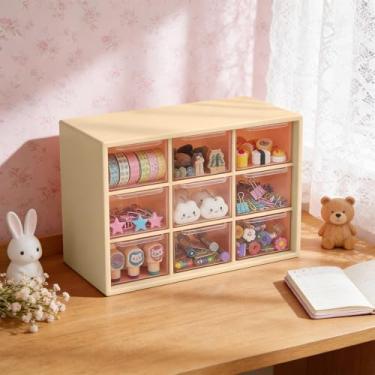 Imagem de Caixa organizadora de mesa com 9 compartimentos, caixa organizadora de joias com estrutura de várias gavetas para anéis, brincos, miçangas, maquiagem, escritório e armazenamento de artesanato, amarela