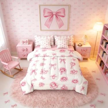 Imagem de Erosebridal Conjunto de cama Coquette de 7 peças, conjunto de edredom casal rosa rosa com lençóis, gravata borboleta kawaii, para decoração de quarto de princesa