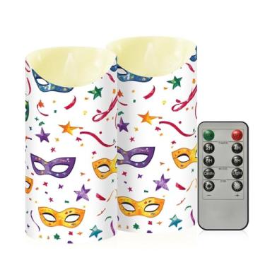 Imagem de Wassud Pacote com 2 máscaras coloridas de carnaval velas sem chama com controle remoto, velas realistas cintilantes com temporizador, velas decorativas para Natal, casamento, festa, decoração de casa