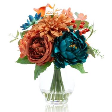 Imagem de Flores artificiais em vaso com água falsa, buquê de dália de peônia de seda sintética, arranjo de flores laranjas queimadas azul-petróleo para mesa de jantar, mesa de jantar, casamento, festa de Natal
