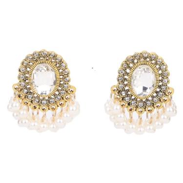 Imagem de fxmimior Brincos indianos boêmios Jhumka com cristal branco pérola lustre borla brincos ovais pendentes para mulheres Bollywood étnico festival bijuteria fantasia, Medium, Metal, Liga metálica.