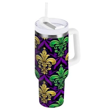 Imagem de Blueangle Copo isolado para Mardi Gras de 1,134 g com alça e tampa de palha, caneca de viagem reutilizável de aço inoxidável (293)