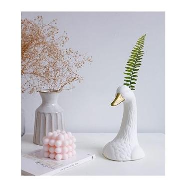 Imagem de Decoração de vaso de cerâmica de cisne de flores frescas, arranjo de flores para sala de estar, simulação de flores secas, decoração de mesa criativa adequada para uso interno
