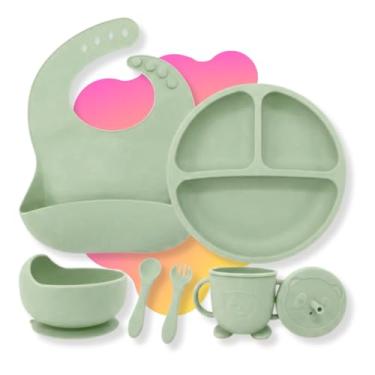 Imagem de Kit Introdução Alimentação Bebê 6 Peças em Silicone com Ventosa – Colher, Garfo, Copinho e Pratinho Atóxicos, Sem Pontas, Livre de BPA - Qualidade Premium LNSTORE (Verde)