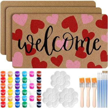 Imagem de Nuanchu 3 capacho de coco a granel marrom coco com paleta de pincéis de tinta acrílica, tapete de entrada em branco personalizado com suporte de borracha antiderrapante para kits de bricolage