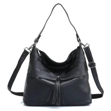 Imagem de Bolsa feminina de couro legítimo, bolsa tiracolo feminina com borla, ombro grande, Preto, Large