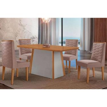 Imagem de Conjunto Sala de Jantar Tilia c/ Tampo Madeirado Canto Curvo 120x80cm e 4 Cadeiras Dafne Madeira Maciça Naturale/Off White - Capuccino/Linho Capuccino