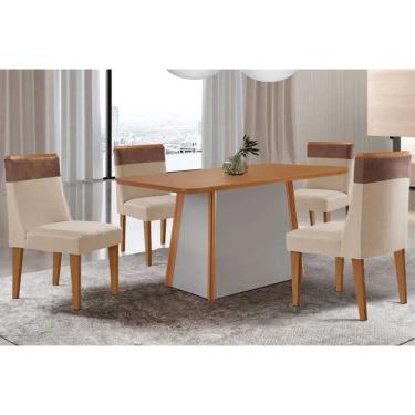 Imagem de Conjunto Sala de Jantar Tilia c/ Tampo Madeirado Canto Curvo 120x80cm e 4 Cadeiras Jaspe Madeira Maciça Naturale/Off White - Capuccino/Suede Creme-Ruf