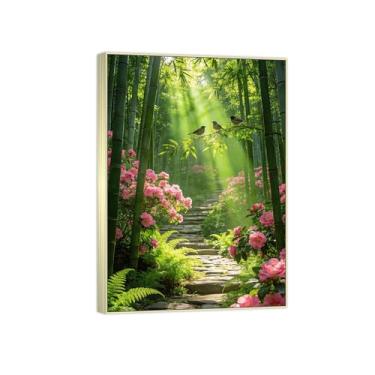 Imagem de Impressão em tela de paisagem pronta para pendurar - flores rosa bambu - pintura de arte de parede - decoração de casa moderna imagem moldura prata 70 x 100 cm 27 x 39 pol