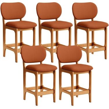 Imagem de Kit 05 Banquetas Baixa Bar Cozinha E Sala De Jantar Fixa Betta L02 Imbuia Tecido Terracota