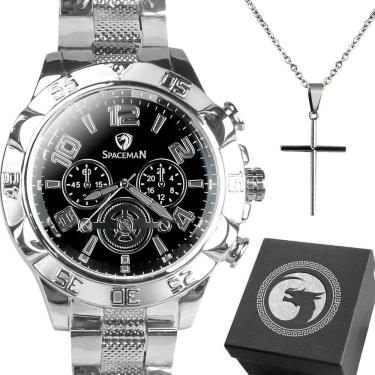 Imagem de Relogio Masculino Prata Prova Dagua + Cordao Cruz + Caixa Original Preto Qualidade Premium Religioso