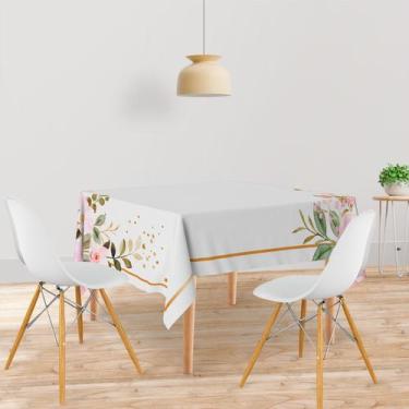 Imagem de Toalha De Mesa Quadrada Tecido Oxford Branca Flores Rosa Moldura Doura