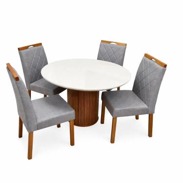 Imagem de Mesa de Jantar Dara 110cm Redonda com Vidro e 4 Cadeiras California em Veludo Estofadas Lj Móveis Cor Cinamomo Off White com Tecido Cinza