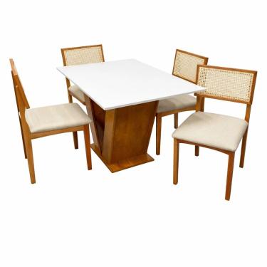 Imagem de Mesa de Jantar Classic 120x80cm com Vidro e 4 Cadeiras Monalisa em Linho Madeira Cel Móveis Cor Cinamomo Off White com Tecido Bege