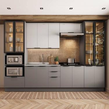 Imagem de Cozinha Telasul Lumina 6 Peças com Paneleiro para Forno e Micro com Vidro Fumê e Iluminação Cinza
