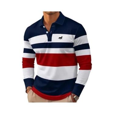 Imagem de Camisa Polo Masculina Clássica Com Estampa Listrada De Manga Longa, Ca