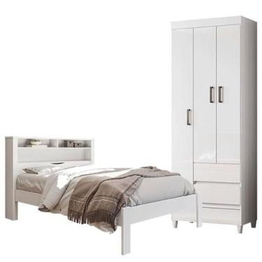 Imagem de Cama Casal Invicta com Guarda Roupa Fit 3 Portas Com Pés Branco Brilho