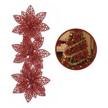 Imagem de 3 Flores Artificial Árvore Natal 10x9cm Decoração Glitter Ve Vermelho 