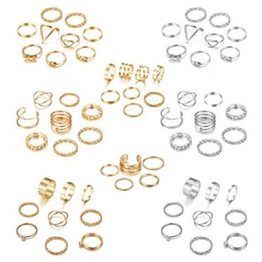 Imagem de LOYALLOOK Conjunto de 65 peças de anel boêmio com junta midi, anel de prata vazado, vintage, anéis empilháveis, anéis de dedo da moda, anéis midi para mulheres, Strass,