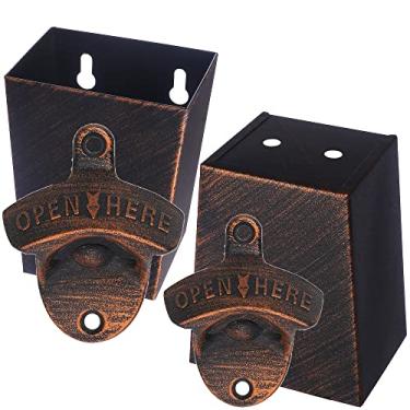 Imagem de Abridor de garrafas de cerveja inoxidável para uso externo montado na parede com conjunto estreito de apanhador de tampa (cobre envelhecido)