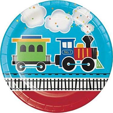 Imagem de Creative Converting Pratos de jantar de papel All Aboard Blue Boys para festa de aniversário de 1 ano, 23 cm, multicolorido