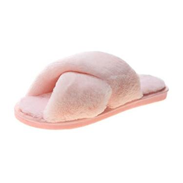 Imagem de Pantufas tiras cruzadas fofas felpudas felpudas pelúcia macia aberta dedo do pé pele sintética sandálias deslizantes macias quentes confortáveis confortáveis quarto interior interior exterior chinelos Ngumms