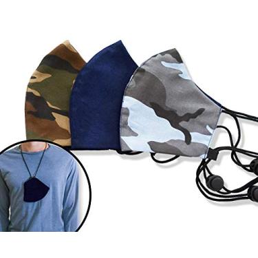 Imagem de Máscaras Camoflauge rosto para crianças tamanho cordão par pendurar no pescoço ajustável na orelha Azul Army Navy Verde reutilizável lavável pacote com 3 artesanal feito nos EUA