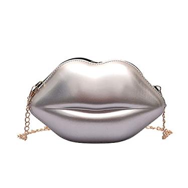 Imagem de Bolsa de ombro feminina personalizada com estampa de lábios fofos, bolsa de couro de ombro a tiracolo, Prata, 23 x 5 x 15 cm