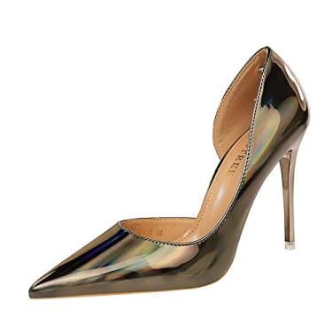 Imagem de Sapatos femininos fechados de bico fino 10,5 cm stiletto recorte lateral escritório casamento salto alto brilho sapatos de dança, Cinza, 6.5
