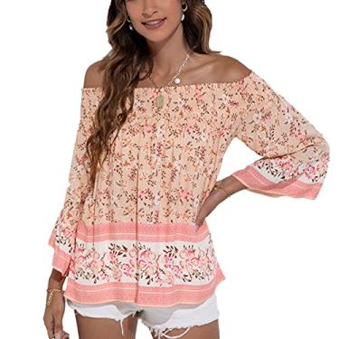 Imagem de Blusa de Ombro de Fora, Blusa de Ombro de Fora Estampada Solta Gola Elástica Com Padrão Floral para Mulheres para Compras (XL)