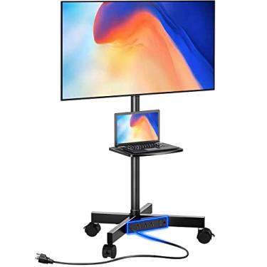 Imagem de GREENSTELL Suporte de TV com tomada elétrica, carrinho de TV móvel sobre rodas para TVs de tela plana de painel curvo LED de 58.4-60 polegadas, até 40 kg, suporte de TV com rolamento ajustável em
