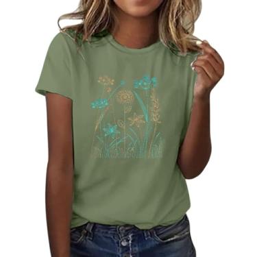 Imagem de Camiseta feminina com gola redonda e manga curta, estampa floral, moderna, solta, casual, túnica, Ag, M