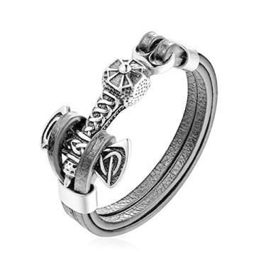 Imagem de HAQUIL Pulseira Viking para Homens - Pingente de Martelo de Thor Mjolnir Viking - Couro PU Preto (AD)