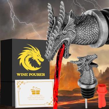 Imagem de Garrafa de vinho 2 em 1 Dragon Head, presentes de dragão para homens e mulheres fãs de dragão, bico de garrafa de licor para bebidas alcoólicas, presentes de acessórios de vinho, prata escura