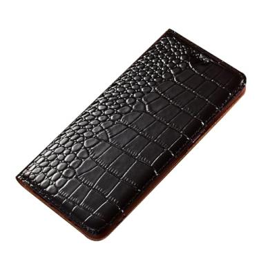 Imagem de HAO RIYLN Capa carteira de couro para iPhone 16 Pro Max/16 Pro/16 Plus/16, padrão clássico de crocodilo, capa flip de couro real com suporte para cartão, preta, 16