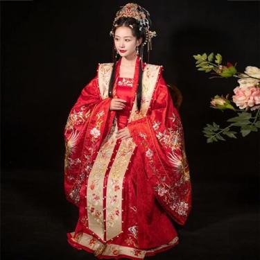 Imagem de Dynasty Vestido de casamento chinês chinês tradicional masculino feminino casal bordado dragão gola redonda roupão longo