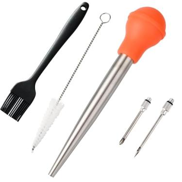 Imagem de SPUVGVC Baster de peru, seringa para cozinhar, pastor de peru de aço inoxidável com lâmpada de silicone, pincel de limpeza, escova de churrasco e agulhas de marinada, baster para assar em casa e