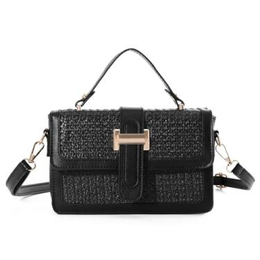 Imagem de Fecialy Bolsas de palha para mulheres, bolsas transversais de palha, bolsa de praia, bolsas de palha de verão, bolsa de ombro de tecido, Preto