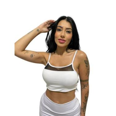 Imagem de top alcinha tule com forro croped com bojo removível - TB modas, Branc