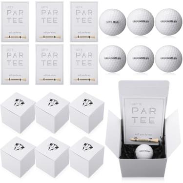 Imagem de WinnerWhy 6 conjuntos de caixa de presente de padrinho com bola de golfe, camisetas de bambu, cartões de convite - acessórios para casamento, melhores homens, faça você mesmo - preto, branco