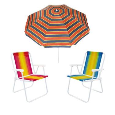 Imagem de Kit Guarda Sol 1,8m Ipanema Cadeira Alta Dobrável Listrada Aço Camping