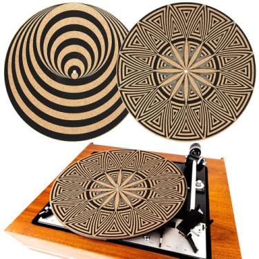 Imagem de Briwooody 2 peças de tapete giratório de cortiça/3 mm de espessura para melhor suporte de som no toca-discos de vinil LP de 29 cm, tapete giratório geométrico psicodélico para gravação de vinil