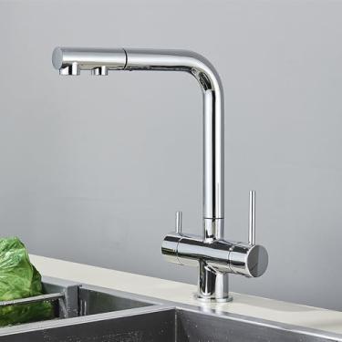 Imagem de Torneira de cozinha com filtro retrátil de latão cromado, alça dupla, água potável quente e fria, filtro de 3 vias, torneiras misturadoras de purificação, cromadas