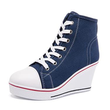 Imagem de Tênis feminino com cadarço e salto alto, plataforma bota no tornozelo com zíper casual lona moderno tênis para meninas, Azul, 9.5