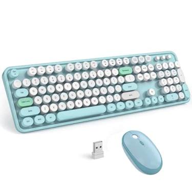 Imagem de Teclado e Mouse Sem Fio Colorido Azul Portátil USB com Receptor 2,4GHZ - Retrô